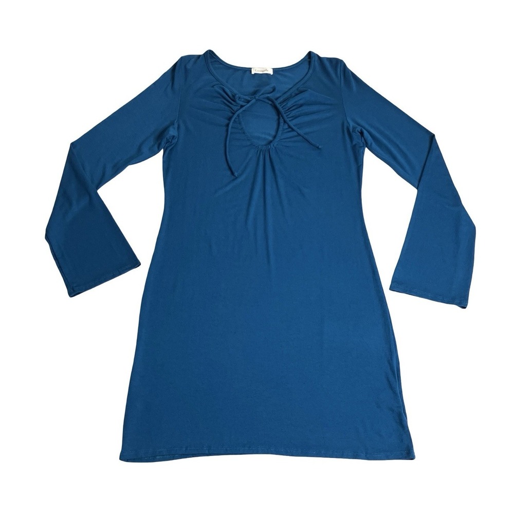 Loveappella Dress Womens M Teal Blue Keyhole Tie Neck Long Sleeve Rayon Blend